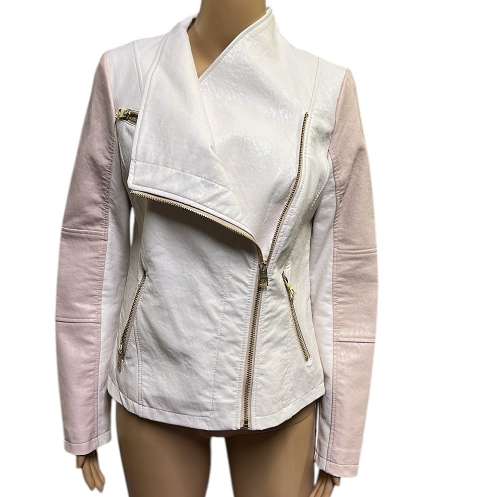 Guess Pink White Faux Leather Moto Jacket Gold Exposed Zipper Womens Small
